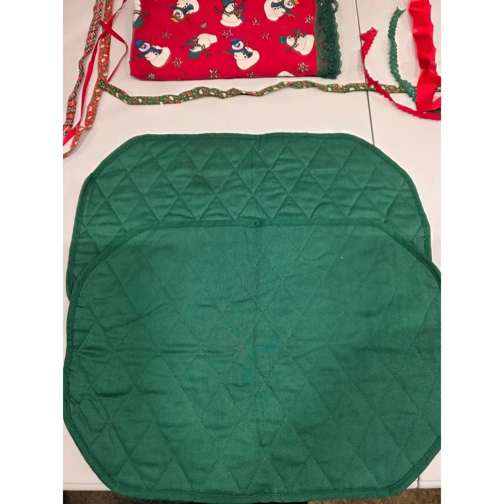 Vintage Christmas Place Mats Cloth Placemats Snowmen Holiday Table Linens Ribbon
